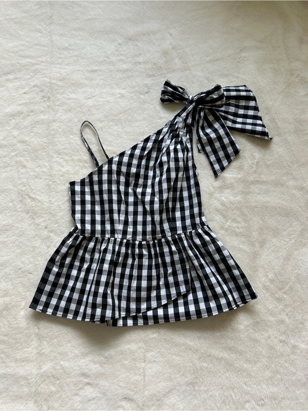 Catherine Malandrino Black & White Gingham Peplum One-Shoulder Top